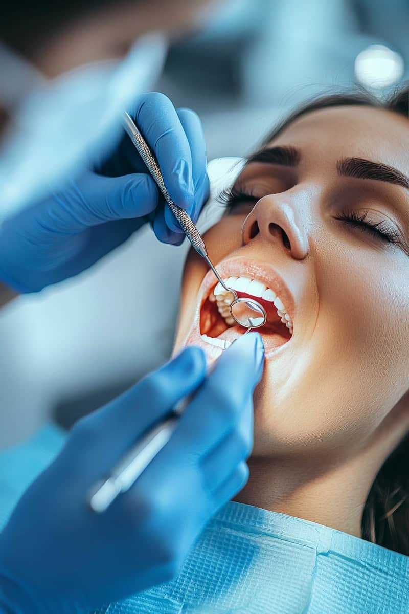 Dentist performing a routine check-up on a patient in a modern dental clinic,