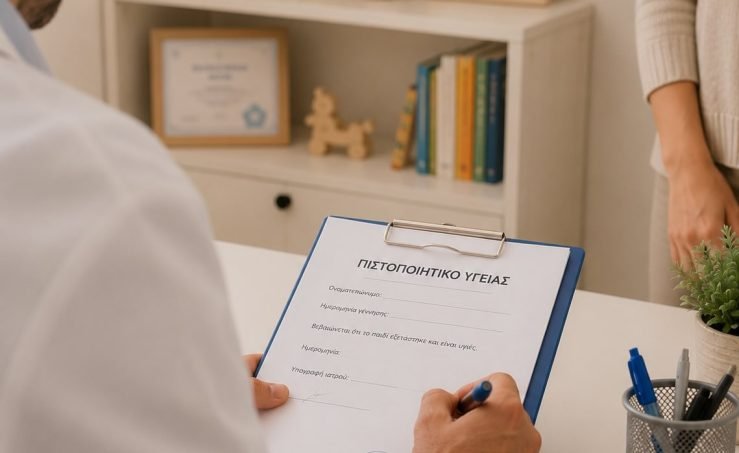 Παιδίατρος συμπληρώνει πιστοποιητικό υγείας μετά από παιδιατρική εξέταση.